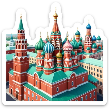 Isometric illustration of Moscow, featuring photorealistic Moscow with colorful onion domes, hand-drawn painterly details, subtle texture on bricks and roofs, realistic shadows and soft lighting, muted yet vivid color palette, diorama miniature effect. sticker