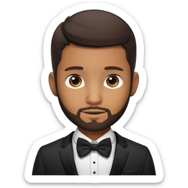Usher with dark brown hair and short beard, black suit with bow tie sticker