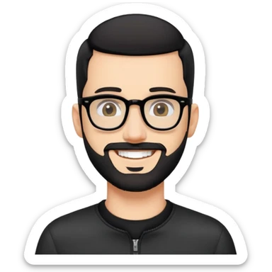 Fair-skinned man with almost buzz cut black hair (extremely short but not completely shaved), short salt and pepper beard, large black-framed glasses, smiling, wearing black long sleeve zip shirt at neck sticker