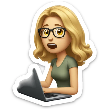 a girl with specs looking at her laptop and panicking and shouting,stragiht hairs,light skin color, slim face sticker