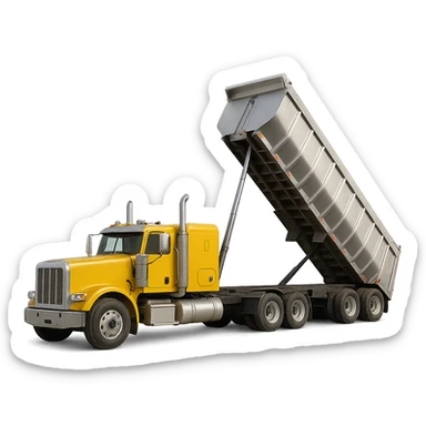 realistic yellow semi sleeper truck with long silver end dump trailer in raised dump position, clear details, realistic proportions, no background sticker