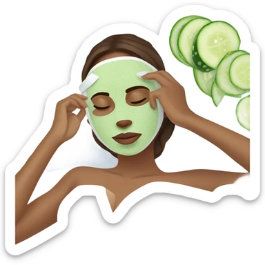 Girl with freackles Brown hair white skin and blue eyes wears Green colored texture skin care mask all over her face while She relaxes and puts two round piece of cucumber on her closed eyes In a white Robe sticker
