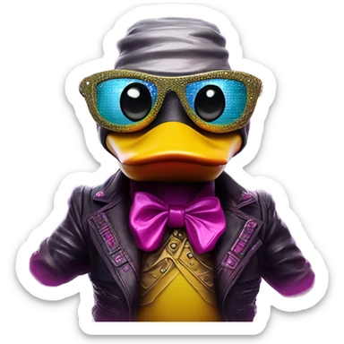 Synthwave rubberduck in Lordi style, oil paint, epic eyes, intricate lips, exquisite pose, beautiful, desirable, logical sticker