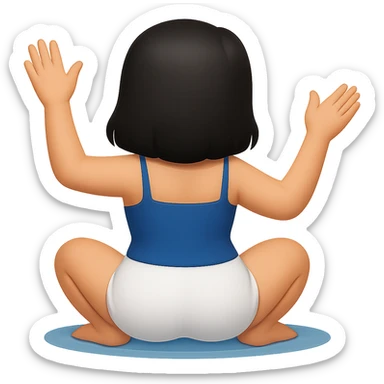 Edit the image to change the hair color to black. Keep the image safe for work (SFW), show the back view, sitting on soles, waving. Remove the background so it is transparent. sticker