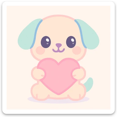 puppy holding a heart sticker