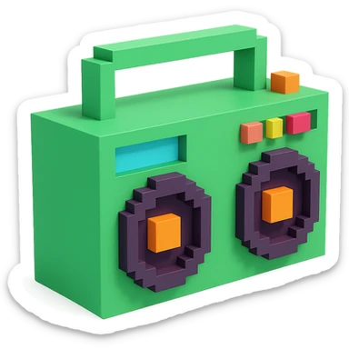 A boombox in voxel style, side view, green color sticker