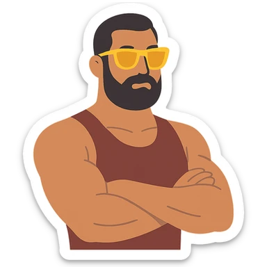 flat design style muscular man with black beard wearing yellow sunglasses sticker