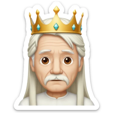 old man with long white hair and has no moustache wearing a white shirt and a crown sticker