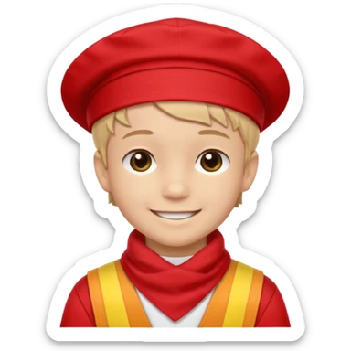 A Soviet pioneer emoji — smiling young boy wearing a bright red tie (pioneer neckerchief) and a red pilotka cap. White shirt, neat and cheerful, minimal flat emoji style, simple colors, clear outlines, professional emoji design. sticker