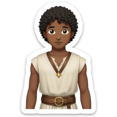 medieval summer outfit worn by a DnD themed fantasy character. basic sleeveless cotton shirt with a loose neckline and a thin leather belt. clothes only above the waist. The clothes full waist. The character's haven't arms. character is black hair, brown eyes, short curly hair, dark-skinned man. sticker
