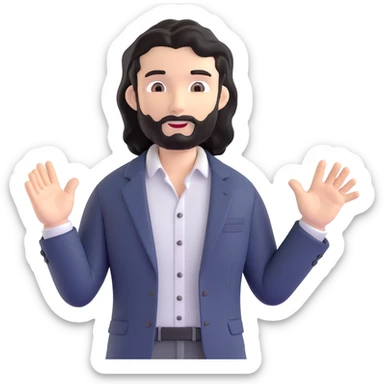 Business strategist man with black wavy hair, stubble, chiseled face, wearing blazer and button-up shirt, standing in front of whiteboard teaching, confident engaging expression sticker