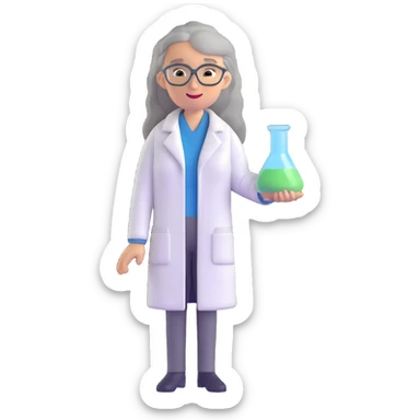 woman science teacher with long graying hair, wearing a lab coat sticker