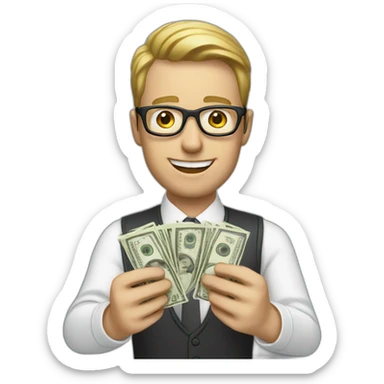 white man holding money with glasses on and hoddei sticker