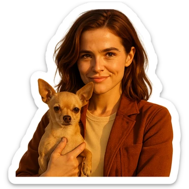 portrait centered of a woman inspired by Zoe Deutch's face, tanned complexion, subtle freckles, playful and determined expression, medium-length brown hair with auburn highlights, wearing a shirt color #FFF8CA and a rust-colored jacket, holding a beige-brown chihuahua, golden hour lighting effect, transparent background, Netflix series style sticker