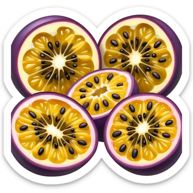 passion fruit, purple outer skin with yellow juicy flesh and black seeds sticker