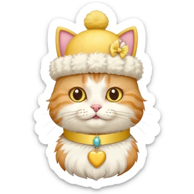 cat wearing a creamy cake hat with fun necklace around his neck and a yellow bow in the middle sticker