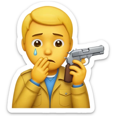 Make a yellow emoji of a guy holding a gun in his mouth while crying sticker