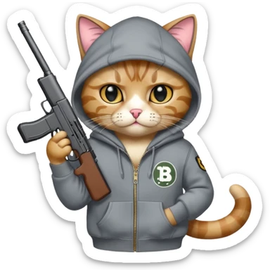 A gangster cat wearing a bape hoodie with a BB gun sticker