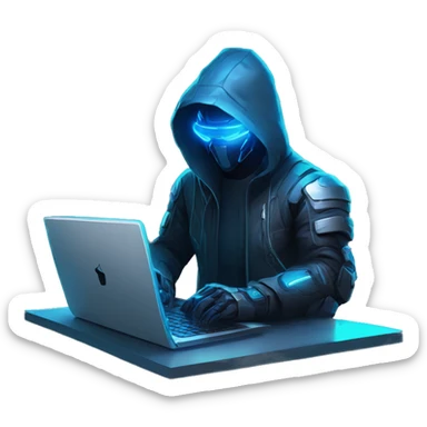 developer behind his laptop with this style : crysis Cyberpunk Riot Games Valorant neon glowing bright blue character blue black hooded assassin themed character sticker