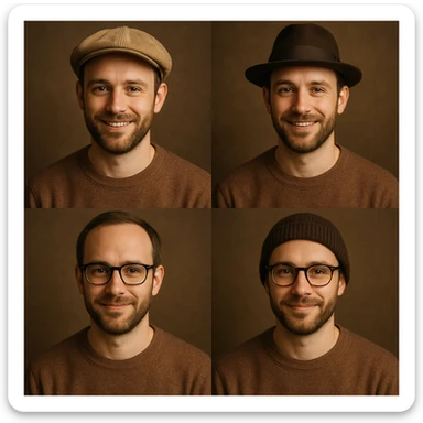 Create images of a man with different accessories such as hats and glasses in the same style as the reference image. Preserve the style and look of the original man. sticker