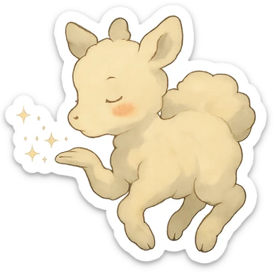 vanilla-colored cloud doe with rosy cheeks, floating gently while blowing a kiss with sparkles, soft ghibli style sticker