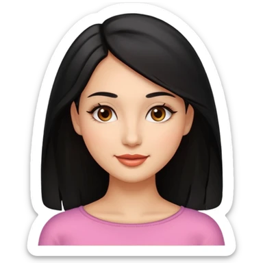 Feminine woman Softly rounded, healthy face — slightly curvy and feminine, not overweight.
Warm tan skin, brown eyes with long lashes, full glossy lips, gentle smile.
Shoulder-length black hair framing the face.
Clean, polished emoji look, soft shading, neutral background. sticker