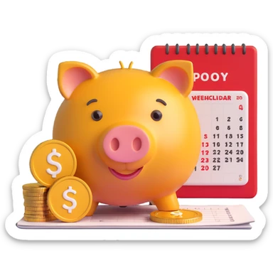 3D gold coin with a piggy bank and a weekly calendar overlay, representing weekly saving, Microsoft 3D emoji style sticker