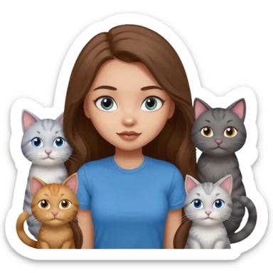 a pretty bratz dusky light skin girl with long brown hair, blue eyes with six cats nd wearing a grey tshirt sticker