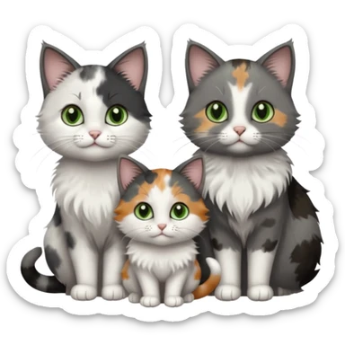 3 different coloured small cats including a dark grey and white, and a patchy calico with hazel eyes and a completely solid dark grey with green eyes and only white paws sticker