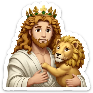 Cinematic Realistic Hercules Portrait, captured in a dramatic lion-wrestling pose that epitomizes raw, heroic strength. His light tan, athletic skin and thick, curly, golden brown hair are showcased as he grapples with a majestic lion, his refined face reminiscent of Michelangelo's David marked by noble determination. Draped in a flowing white robe with understated golden accents and crowned with a classic Greek laurel wreath, dynamic natural lighting accentuates every muscular contour and fierce, commanding expression, embodying the essence of ancient valor. sticker