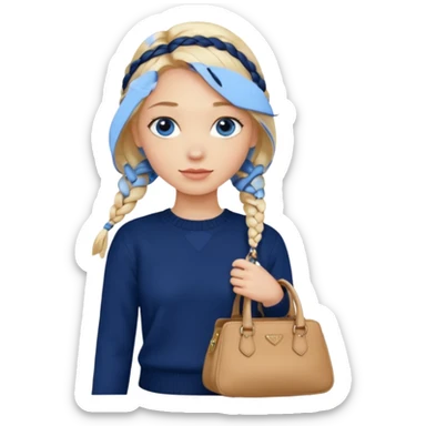 blonde girl with a loose braid and blue eyes with prada hand bag and a navy sweater  sticker