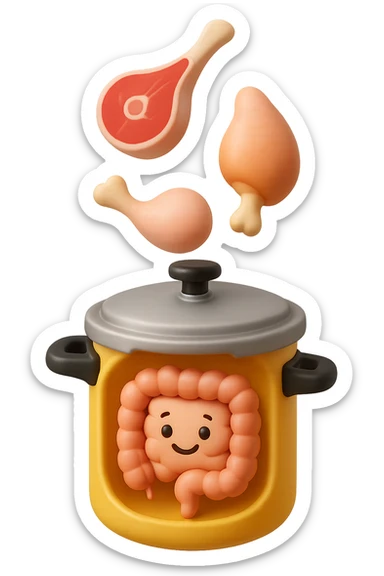emoji stile iphone in 3d di una pentola a pressione dentro cui cadono agnello, pollo, tacchino crudi e un intestino umano felice da cuocere, iperrealistico 4k sticker