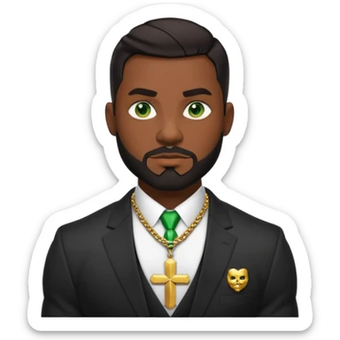 green eyes, dark short hair, muscular shoulders, wide cross, gold chain, big lips big nose big eyes, masculine good looking, dark beard wearing a suit sticker
