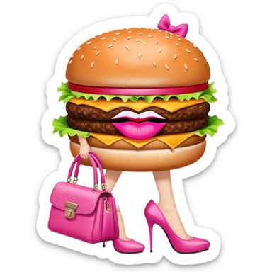 A burger with big pink lips eyelashes carrying a pink purse and wearing high heels sticker