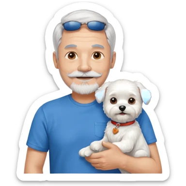 handsome gentleman, 60 years old, very short silver hair, beard, sideburns and moustache, wearing a blue t-shirt, smiling and holding a maltese dog sticker