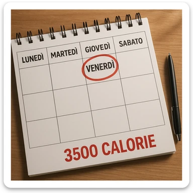 A hyperrealistic weekly calendar viewed from above in Italian, showing days from Monday to Sunday. Friday is circled in red. Below Sunday, the text '3500 calorie' is in red and bold. The image has 4K details and a desk atmosphere. sticker
