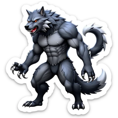 cinematic-noble-fierce-werewolf-full-body-emoji, poised-and-imposing, with a tall, lean, and muscular wolfish frame inspired by the brutal, imposing shape of the beast from Berserk, fur rippling in shades of midnight black and silver, massive paws with razor-sharp claws, elongated limbs and fangs, eyes glowing with an intense, primal ferocity, reflecting the untamed power of the wild moonlit night; rendered with realism sticker
