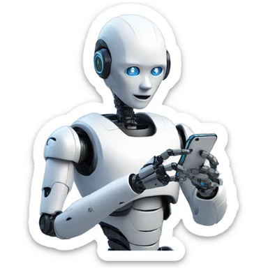 a humanoid robot looking at his iphone sticker