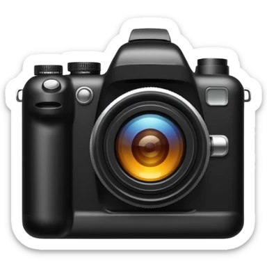 The camera features a solid black body with a shiny lens. sticker