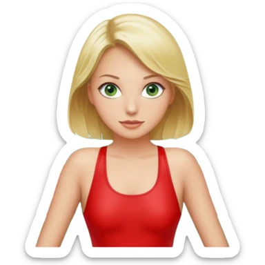 Blonde Woman, Green eyes,Red onepiece, Background Indoor pool sticker