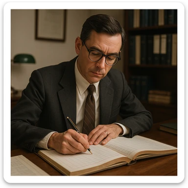 a working accountant, focused, writing in a ledger, with glasses, classic office setting, professional atmosphere sticker