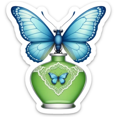 delicate blue butterfly perched on a green perfume bottle with lace trim sticker