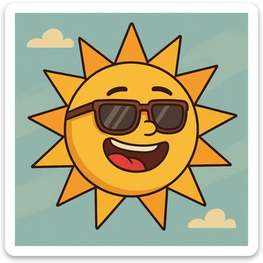 a cheerful sun with sunglasses, flat toon style, vibrant colors, playful and bright sticker