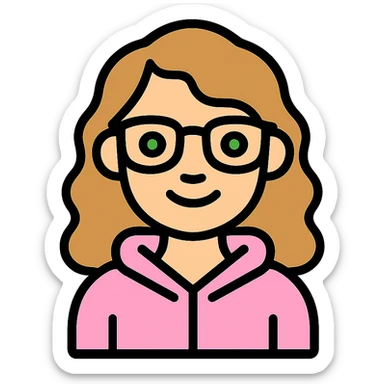 Edit the image to depict a girl with lighter skin, dark blonde wavy hair, green eyes, wearing a baby pink hoodie and brown glasses, smiling, with no background. sticker