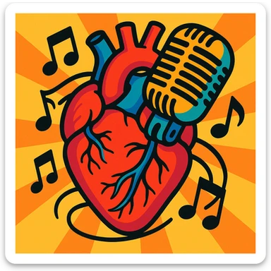 anatomical heart and retro microphone fused together, music notes accenting the design, bold and expressive sticker