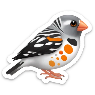 Zebra finch with orange circles on cheeks, grey body, white chest, with black tail, black eyes, and orange feet sticker