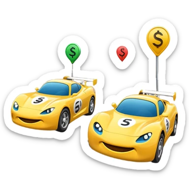 Two emoji-style cars racing toward a finish line labeled “$20K”, one labeled “$500/mo” and the other “$1000/mo”, energetic motion and speed lines sticker