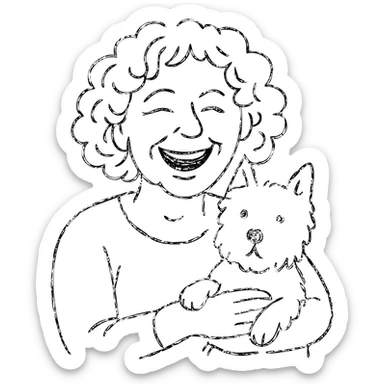 50-year-old woman with silver curly hair, laughing, holding a Westie dog, hand drawn outlined icon sticker