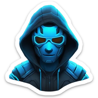 developer behind his laptop with this style : crysis Cyberpunk Riot Games Valorant neon glowing bright blue character blue black hooded assassin themed character sticker