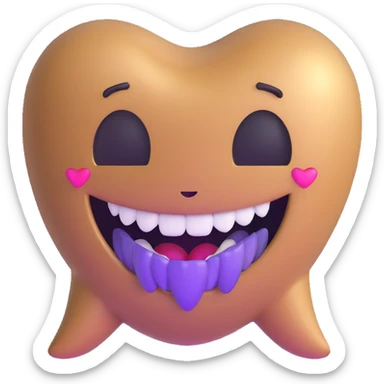 brown emoji face with purple heart eyes, big smile with a tooth gap and a gold side tooth sticker